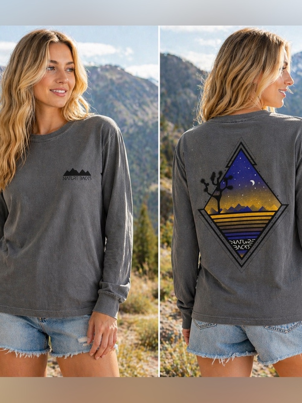 Nature Backs Desert Graphic Long Sleeve Tee Size S Gray Vintage Style Shirt